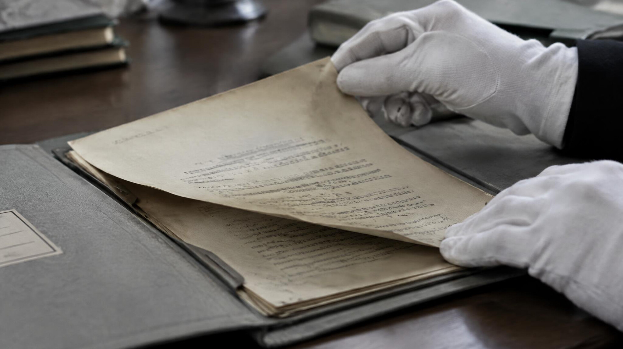 Archivist hands in white cotton gloves turning pages of an old file folder
