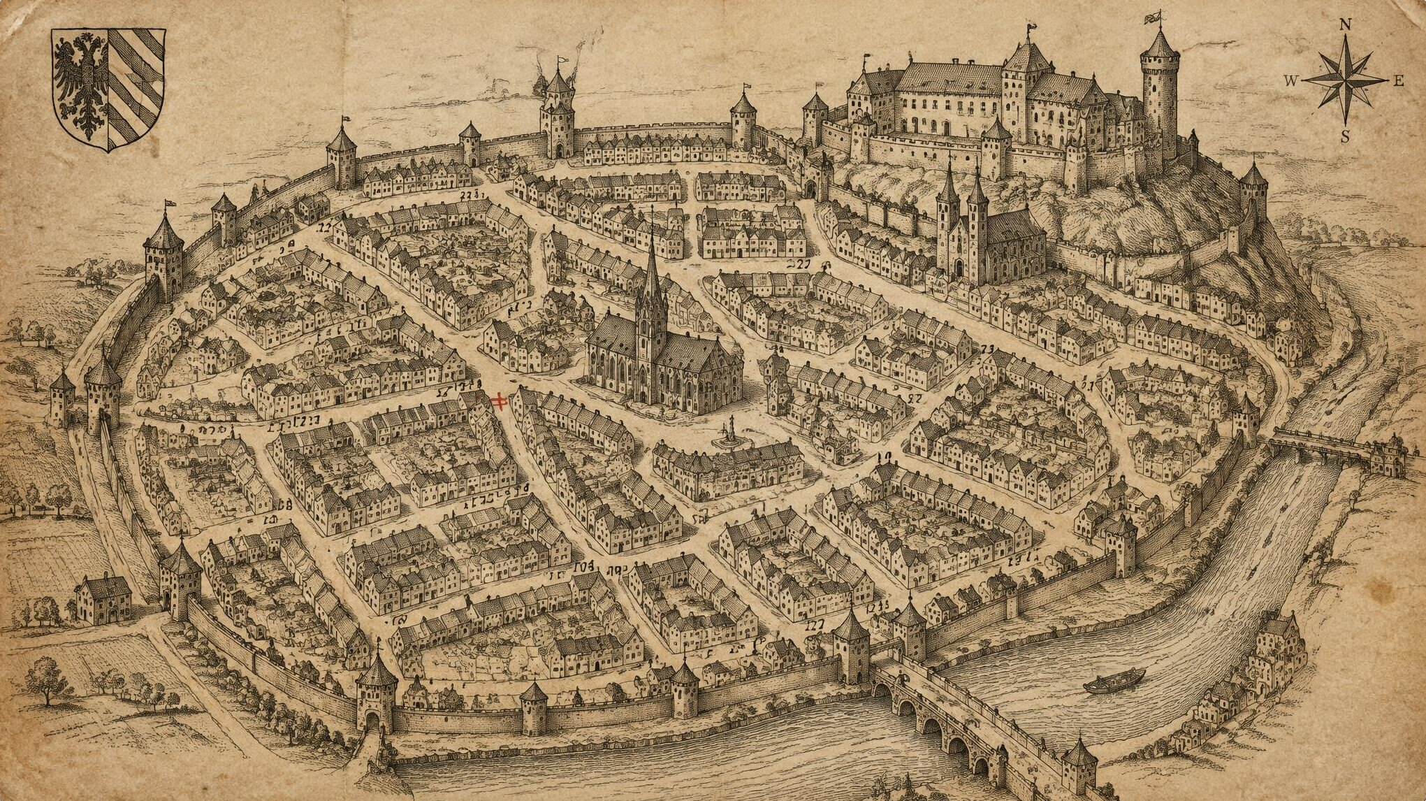 Old copperplate plan of the old town of Nuremberg with lanes and house numbers