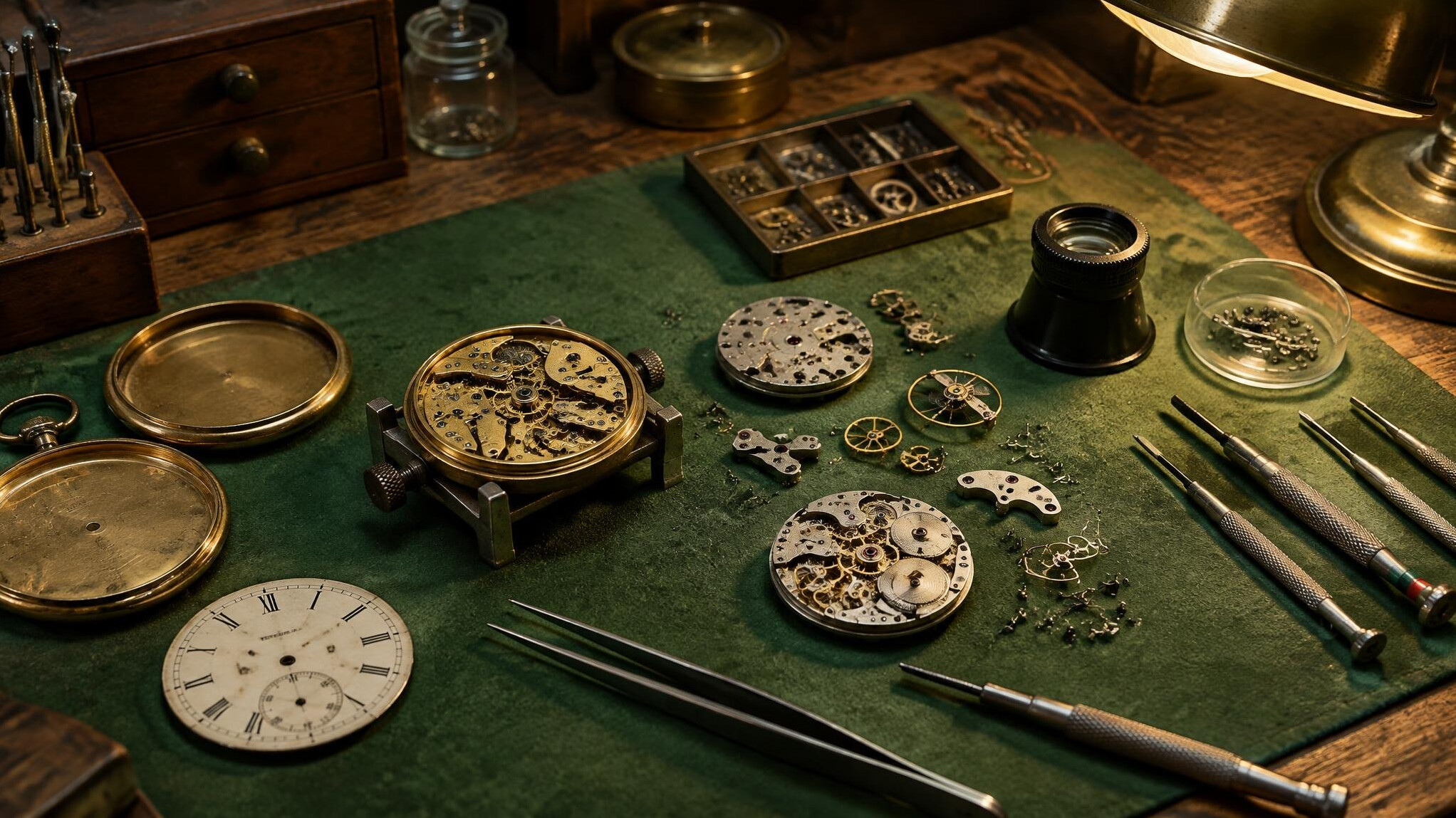 Watchmaker workbench with antique pocket watch movements and small tools