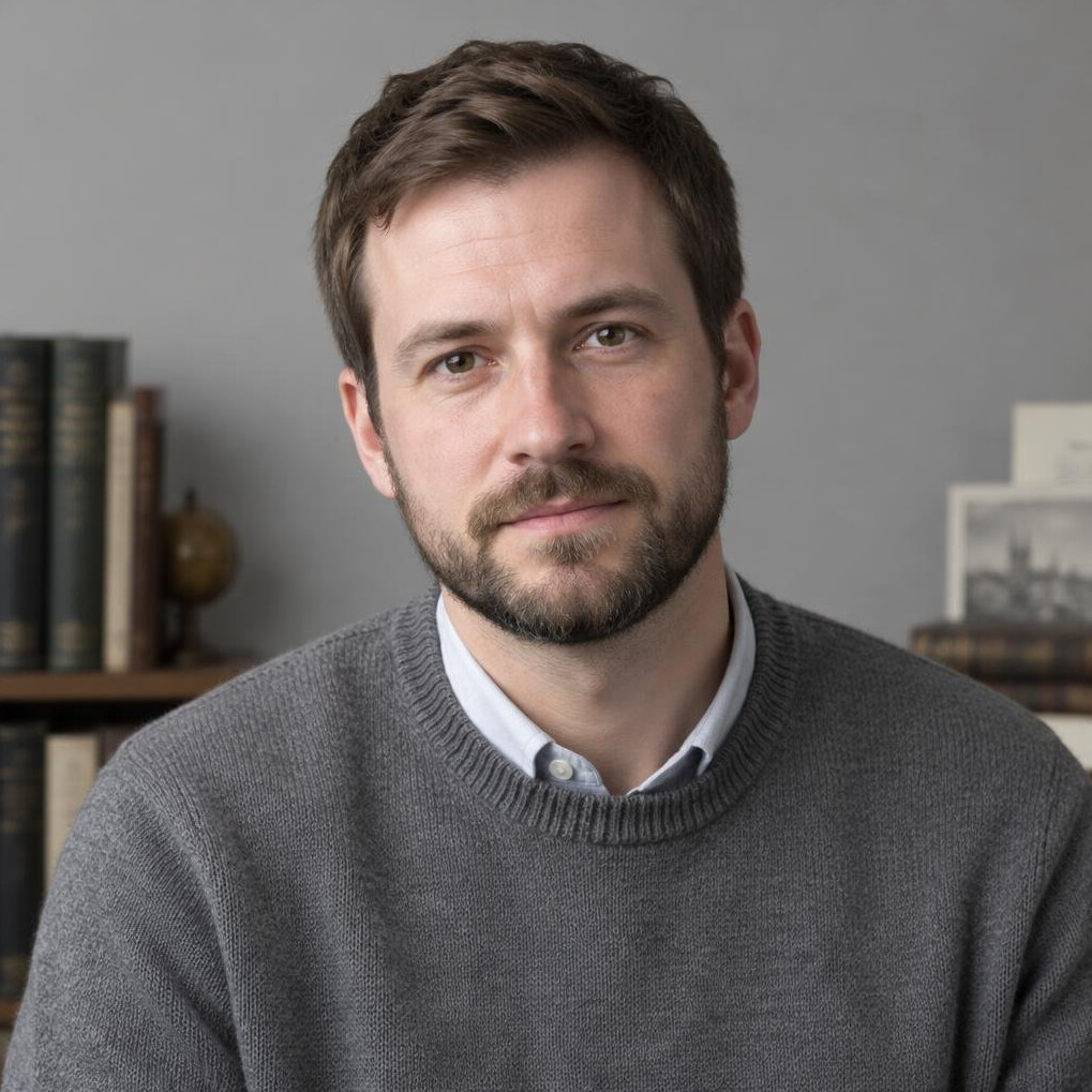 Portrait of a German man in his thirties with short brown hair and a beard in a grey sweater